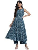 Varanga Women Blue Floral Printed Anarkali Kurta Paired With Tonal Bottom