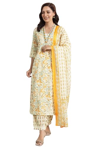 Libas Womens Printed Cotton A-Line Kurta With Salwar And Dupatta