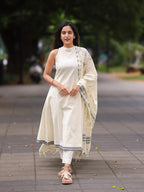 ANNI DESIGNER Womens Rayon Viscose Solid Anarkali Kurta with Pant & Dupatta (Kesargod Cream_M_Cream_Medium)