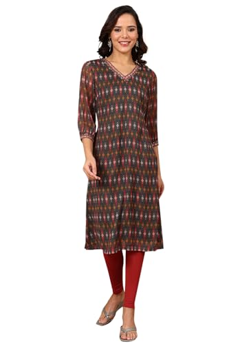 W For Woman Green Geometric Printed Chiffon Straight Kurta With Sequined Neckline_24Auw12047-125036_L