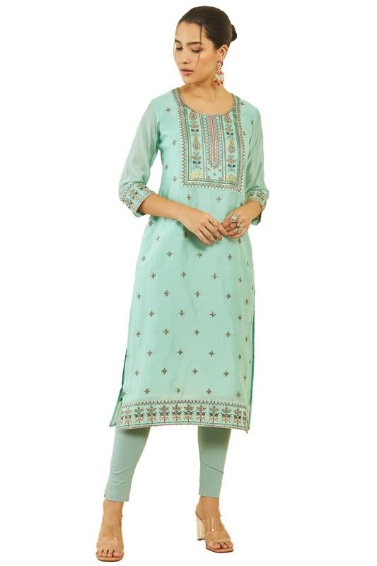 Soch Women Chanderi Embroidered Scoop-Neck Straight Kurta with Pocket