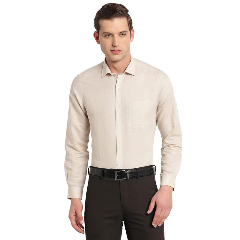 Turtle Men Cotton Linen Beige Plain Slim Fit Full Sleeve Formal Shirt