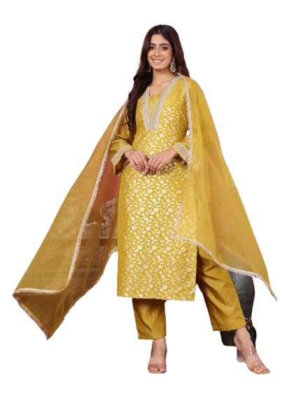 Varanga Women Brocade Embroidered Kurta With Tonal Bottom And Lace Detailed Dupatta