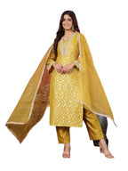 Varanga Women Brocade Embroidered Kurta With Tonal Bottom And Lace Detailed Dupatta