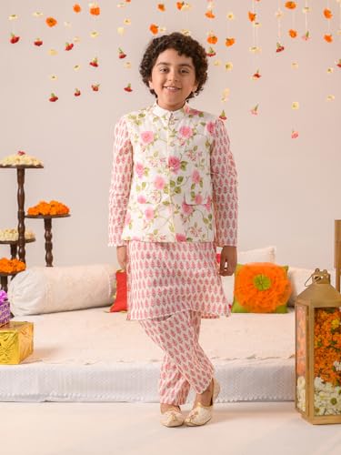 Pspeaches Boys Floral Printed Regular Pure Cotton Kurta With Pyjamas And Nehru Jaket