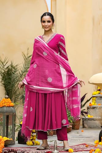 ANNI DESIGNER Womens Rayon Blend Anarkali Printed Kurta with Pant & Dupatta (Berlin Pink_S_Pink_Small)