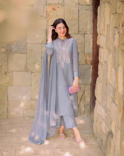 ANNI DESIGNER Womens Cotton Blend Embroidered Straight Kurta with Pant & Dupatta (Gudali Blue_4XL_Blue_XXXX-Large)