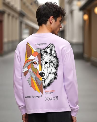 Bewakoof MenS Graphic Printed Oversized Fit Full Sleeve Round Neck Cotton Jersey T-Shirt 636686 Purple L