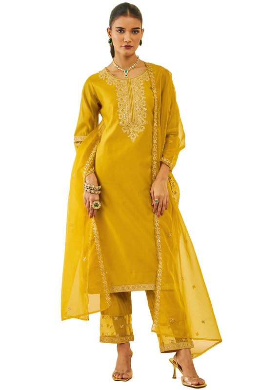Soch Women Chanderi Floral Zari Embroidered Suit Set with Dupatta