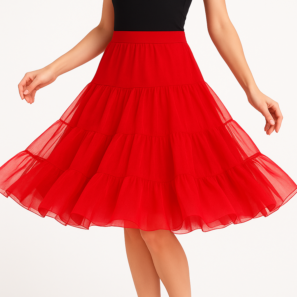 Malco Modes Tea-Length Red Petticoat Skirt â?? Vintage 50s Crinoline Underskirt for Dresses, Weddings & Halloween Costumes