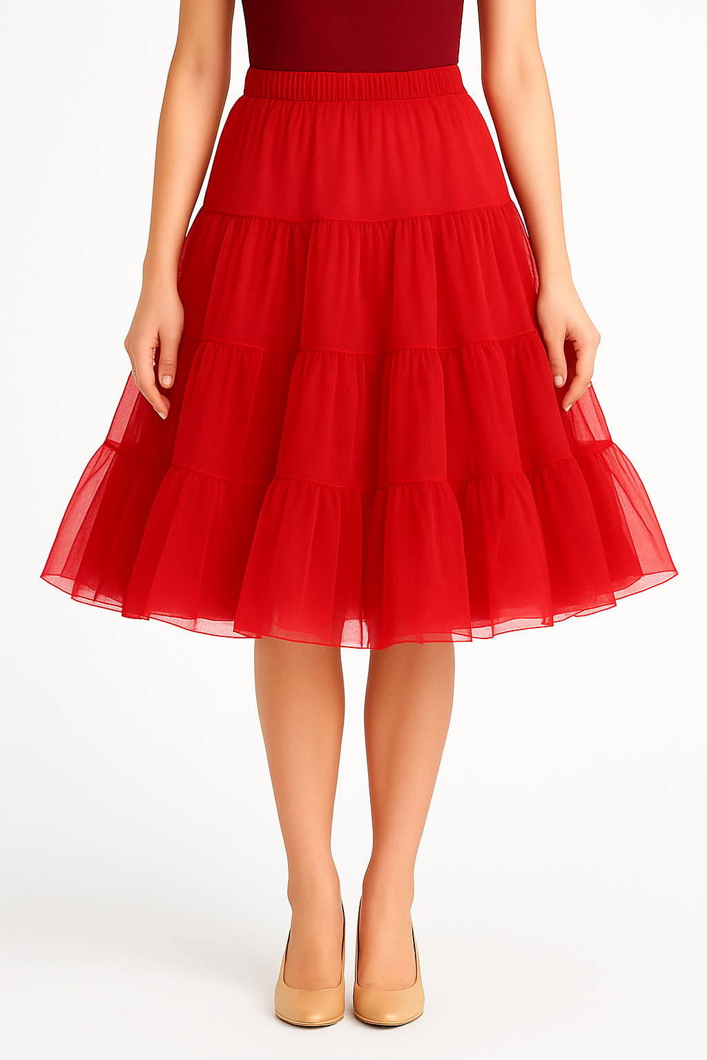 Malco Modes Tea-Length Red Petticoat Skirt â?? Vintage 50s Crinoline Underskirt for Dresses, Weddings & Halloween Costumes