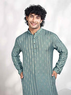 Vardha MenS Viscose Woven Jacquard Stitched Kurta, Blue Linear Striped & Diamond Jacquard Kurtas For Men, Mandarin Collar, Anti