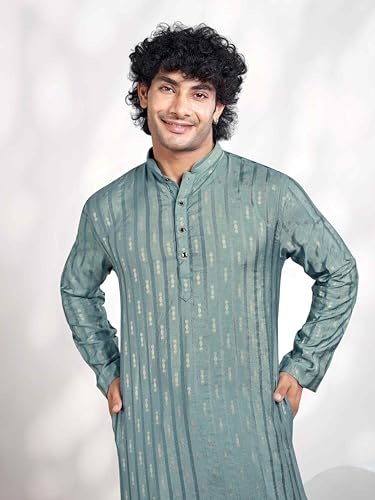 Vardha MenS Viscose Woven Jacquard Stitched Kurta, Blue Linear Striped & Diamond Jacquard Kurtas For Men, Mandarin Collar, Anti