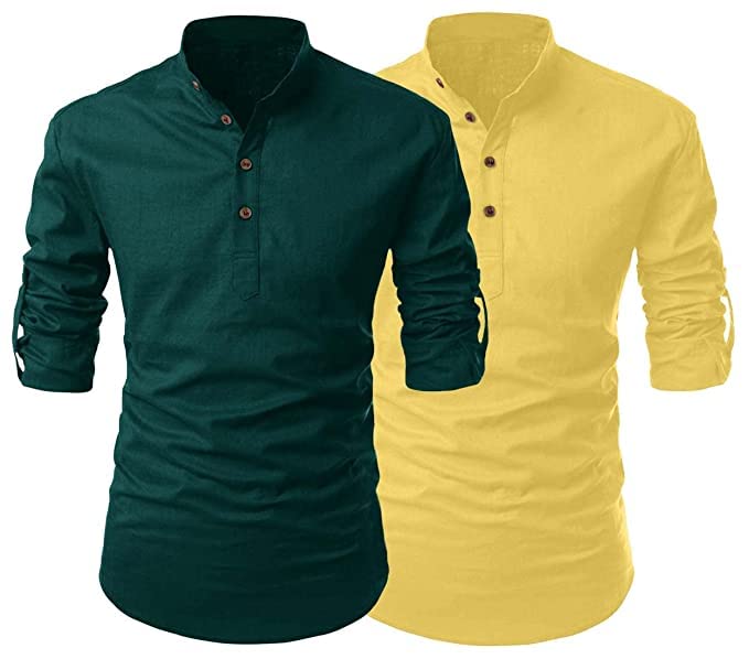Finivo Fashion Combo Of MenS Regular Fit Cotton Blend Solid Full Sleeves Kurta | Short Kurta For Men (Pack Of 2)