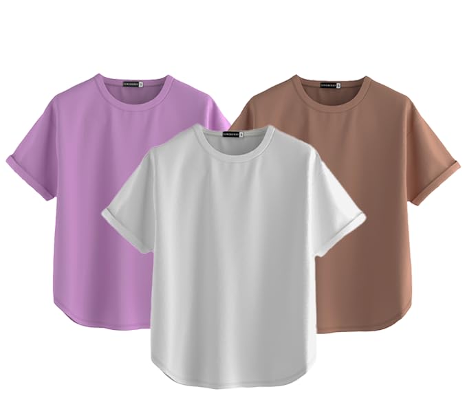 Juneberry Pure 100% Cotton Oversized Loose Baggy Fit Round Neck With Drop Shoulder White & Lilac & Cork Half Sleeves Boyfriend T