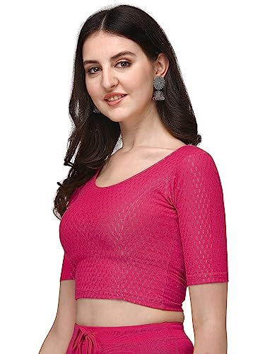 Shiv Textiles Round Neck Dobby Cotton Lycra Stretchable Elbow Sleeve Readymade Saree Blouse For Women Stylish (Pinkpluse Size)