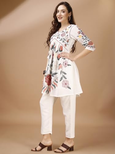 Womanista Linen Womens Off White Colour Multi Thread Embroidery Flared Tunic with Trouser coord Set Ankle Length (Co-ords_9042