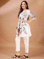Womanista Linen Womens Off White Colour Multi Thread Embroidery Flared Tunic with Trouser coord Set Ankle Length (Co-ords_9042