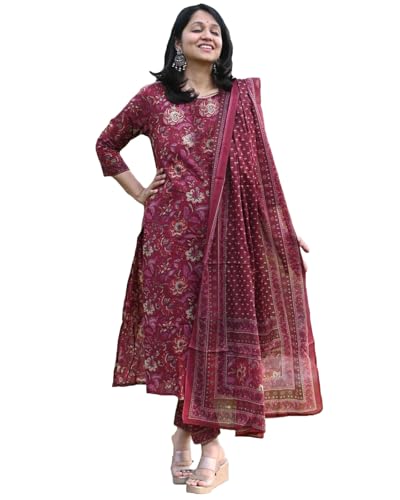 ANNI DESIGNER Womens Rayon Blend Straight Printed Kurta with Pant & Dupatta (PARAVA Maroon_L_Maroon_Large)