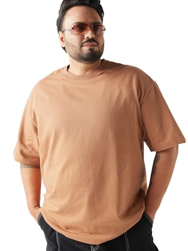 Bewakoof Heavy Duty 1.0 Mens Solid Oversized Fit Half Sleeve Round Neck Terry Plus Size T-Shirt_646865_Brown_3XL