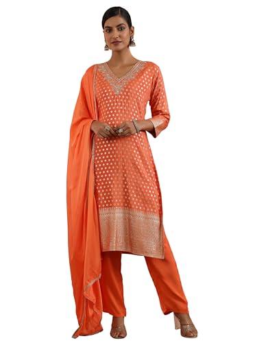 Libas Womens Woven Design Muslin Straight Kurta With Trousers And Dupatta