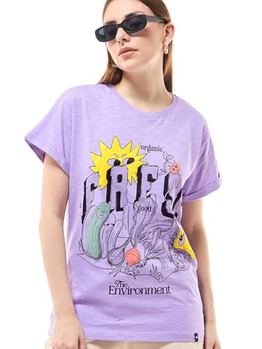 Bewakoof Air 1.0 Womens Graphic Print Boyfriend Fit Half Sleeve Round Neck Cotton Slub T-Shirt_645933_Purple_L