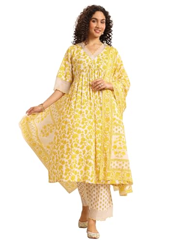 Yellow Empire Style Floral Printed Anarkali Kurta With Floral Printed Palazzo And Dupatta