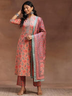 Libas Womens Printed Cotton A-Line Kurta With Trousers And Dupatta