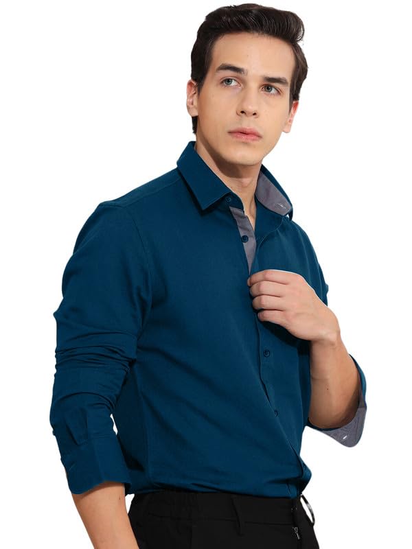 Pinkmint Cotton MenS Shirt L Soild Casual Shirt L Long Sleeve Office Wear Shirt L Spread Collar Regular Fit Shirt Teal