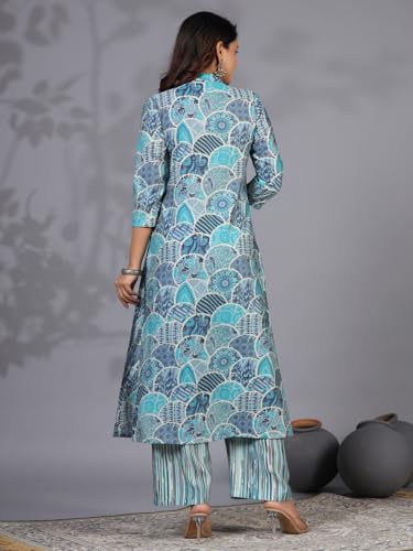ANNI DESIGNER Womens Rayon Blend Straight Printed Kurta with Pant (Later Blue_M_Blue_Medium)