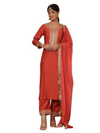 Varanga Women Silk Red Zari Embroidered Kurta With Bottom And Dupatta