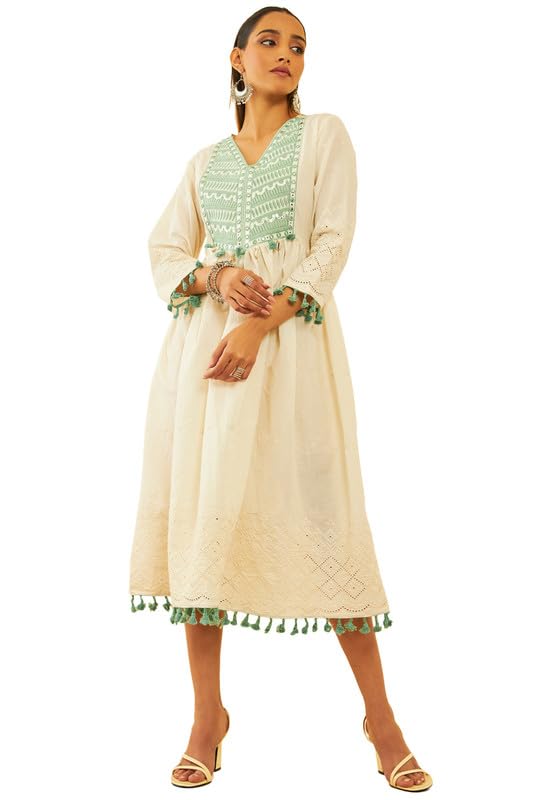 Soch Women & Cotton Schiffli Embroidered Dress with Shells & Faux Mirror