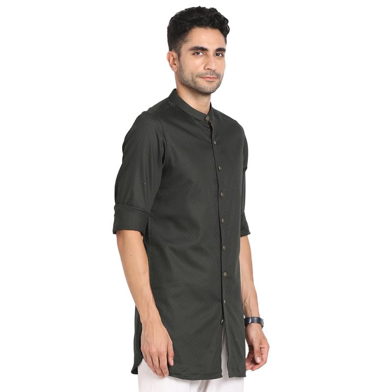 Turtle Men 100% Cotton Dark Green Jacqard Print Slim Fit Ceremonial Kurta