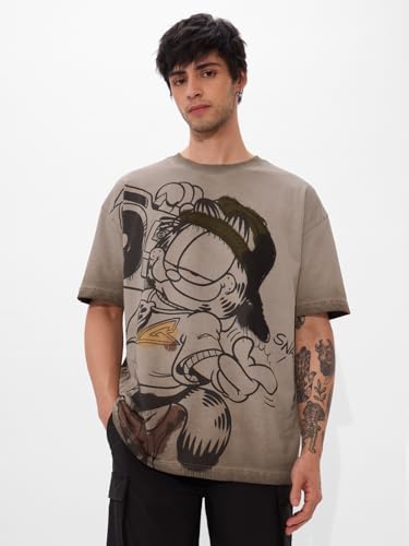 The Souled Store Garfield: Beat It Men And Boys Short Sleeves Round Neck Grey Puff Printed Cotton Oversized T-Shirts