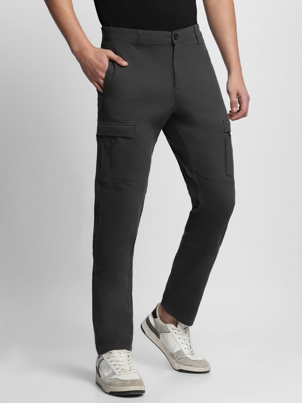 Dennis Lingo Mens Solid Cotton Lycra Mid Rise Slim Fit Cargo Trousers Charcoal Grey