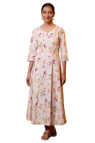 Aurelia WomenS Floral Printed Lace Flared Pure Cotton Kurta| Lightweight Round Neck Kurta For Women Cotton | Floral Printed Kurt