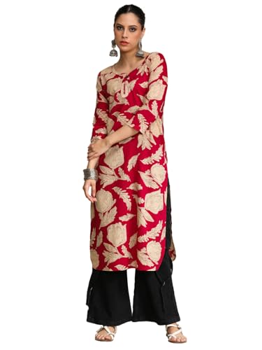 Floral Round Neck With V Detailed Round Hem Kurta Pink