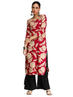 Floral Round Neck With V Detailed Round Hem Kurta Pink