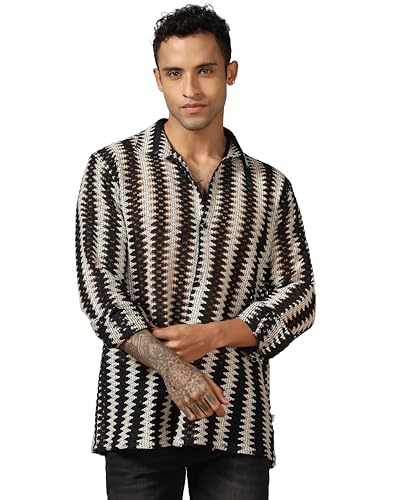 Dhruvi Trendz MenS Crochet Stripe Regular Fit Shirt (Dt-Ms-6162_Black L)