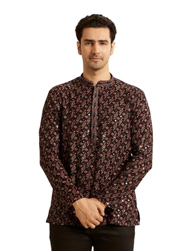 Manyavar MenS Viscose Chikan Embroidery Short Kurta (Black,M)