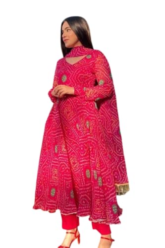 Flosive Women'S Present Bandhani Print Kurta With Dupatta (In, Alpha, 2Xl, Regular, Rani Pink)
