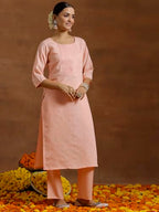 Libas Gerua Womens Embroidered Silk Blend Straight Kurta With Trousers