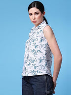 OOMPH! Summer Shirts for Women, Floral Printed, White, Blue