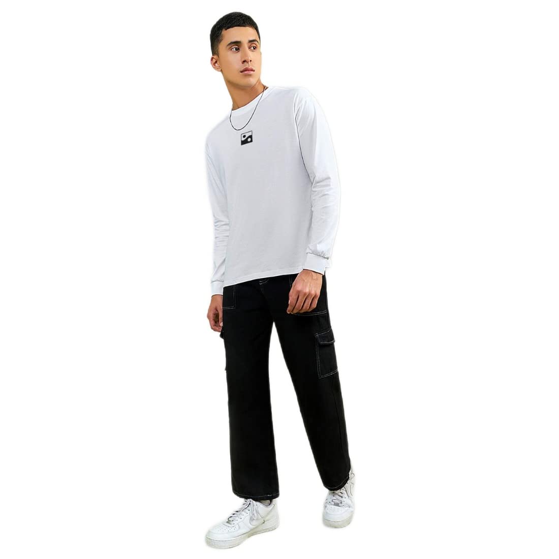 Bewakoof Mens Karma Circles Graphic Print White Round Neck Long Sleeve Oversized Fit T-Shirt