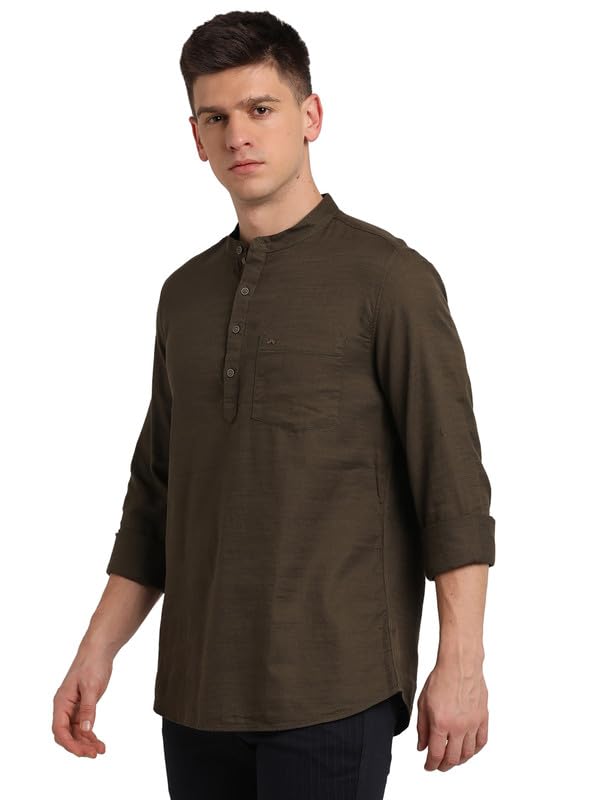Turtle Men 100% Cotton Slim Fit Solid Casual Brown Kurta Shirt