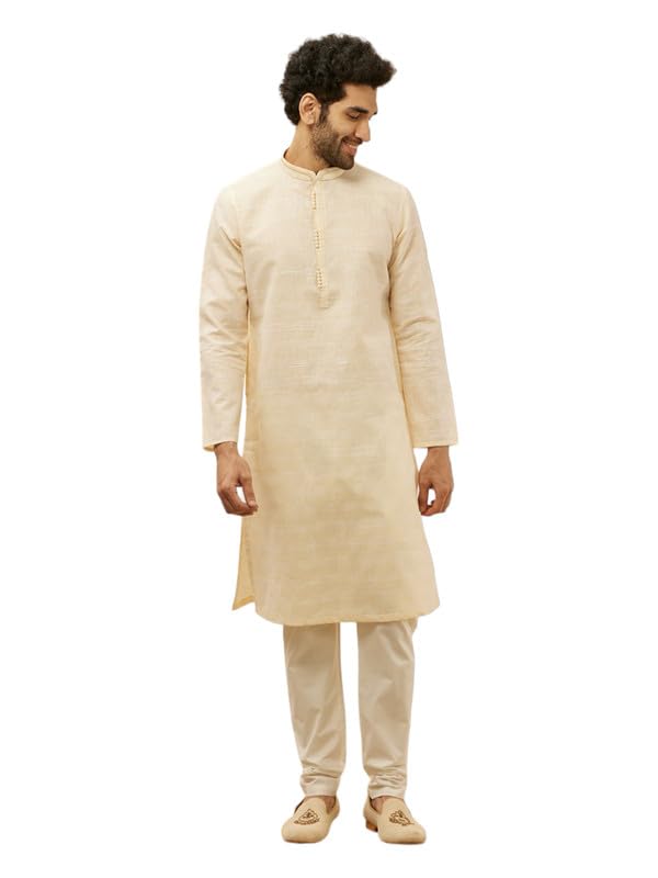 Manyavar MenS Cream Blended Cotton Checks Kurta Pyjama Set