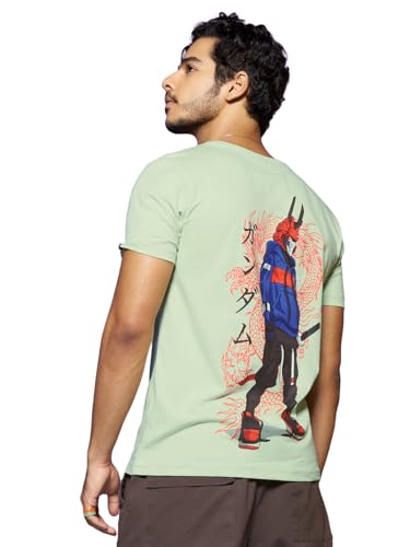 Bewakoof MenS Cyber Samurai Graphic Print Cotton T-Shirt- Regular Fit, Round Neck, Half Sleeves 589374_Green_Xl