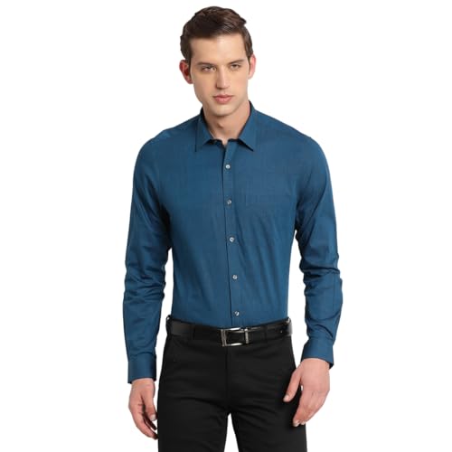 Turtle Men Peacock Blue Cotton Solid Slim Fit Formal Shirts