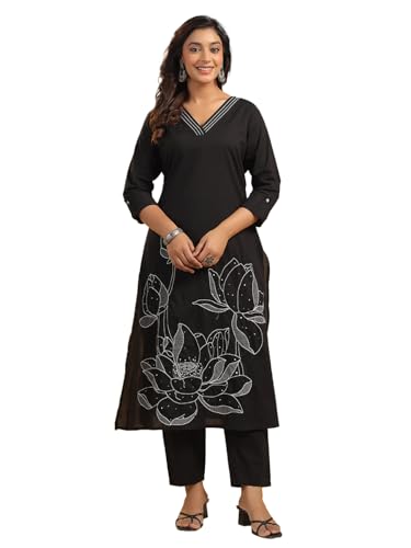 Varanga Women Floral Placement Kantha & Thread Embroiderd V Neck Kurta With Trouser