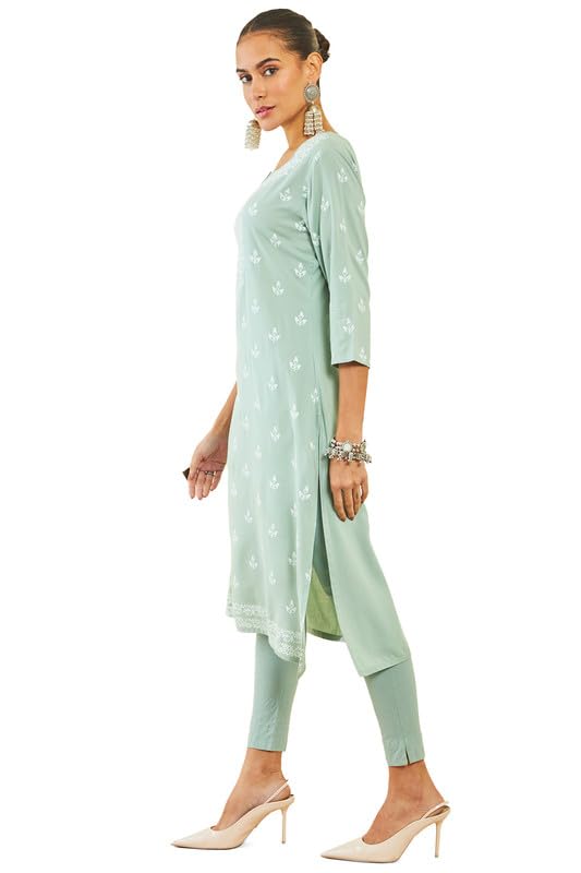 Soch Womens Sap Green Rayon Kurta With Ethnic Print
